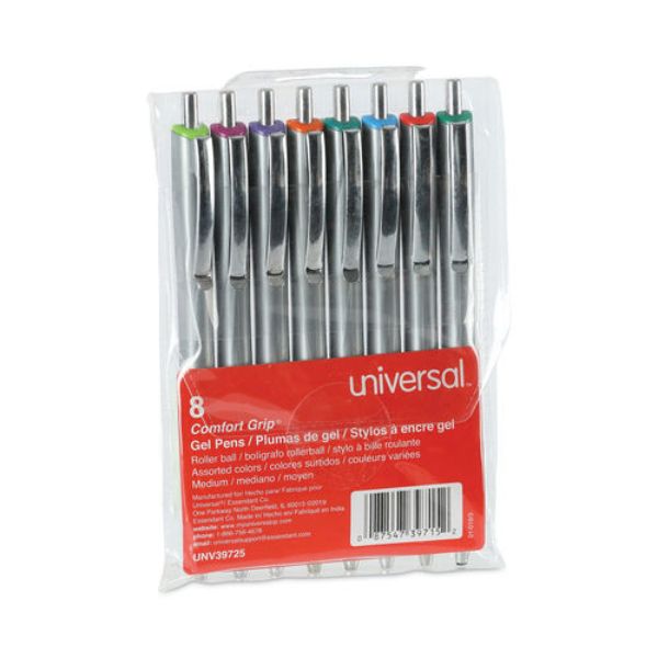 UNV39725 Comfort Grip Gel Pen - Retractable - Medium 0.7 mm - Assorted Ink Color - Silver Barrel - Pack of 8
