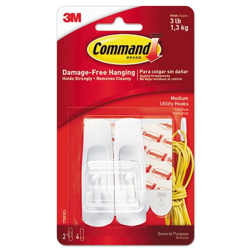 Picture of 3M 17001ES 3 lbs General Purpose Hooks Plastic, White - 2 Hooks & 4 Strips per Pack