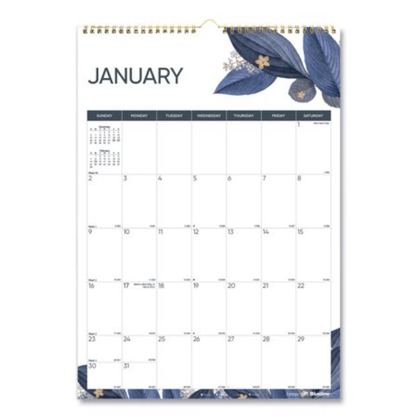 REDC173128 12 x 17 in. 2-month Colorful Wall Calendar with Watercolor Gold Detail Floral Artwork, Multi Color