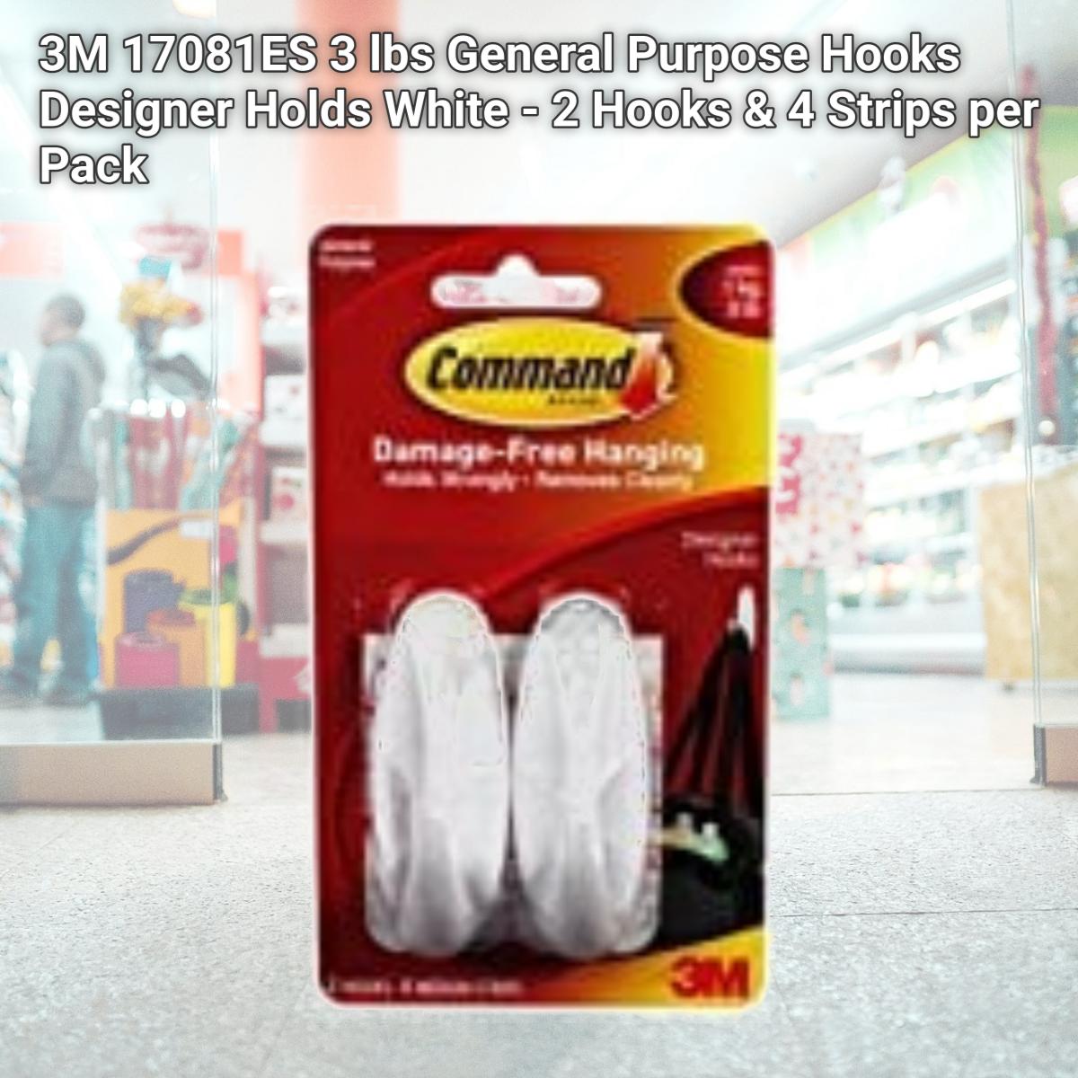 Picture of 3M 17081ES 3 lbs General Purpose Hooks Designer Holds White - 2 Hooks & 4 Strips per Pack