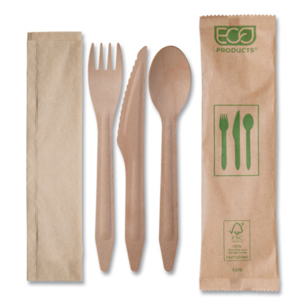 Picture of Eco-Products ECOEPS215 6.5 in. Wood Cutlery Kit - Fork, Knife, Spoon & Napkin - Natural - Case of 500