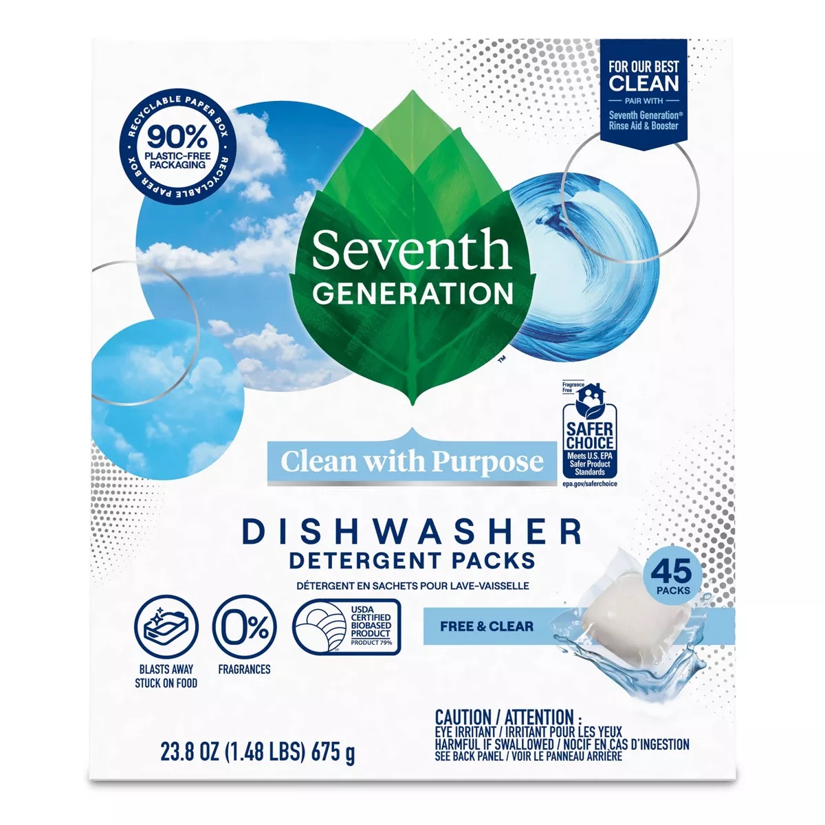 238 oz Free  Clear Natural Power Dishwasher Detergent Pods  Case of 45