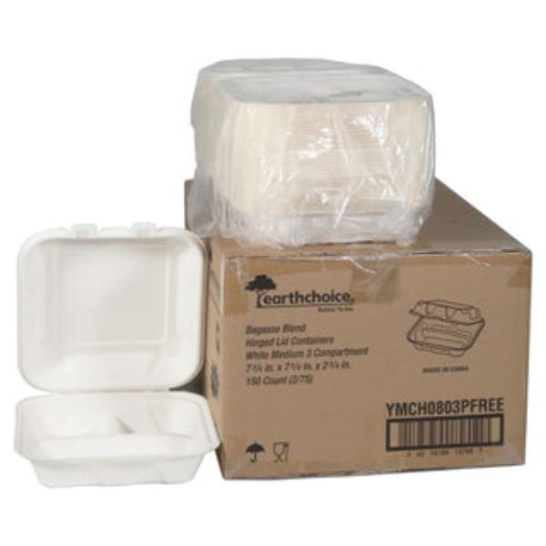 Picture of Pactiv PCTYMCH0803PFFR 8 x 8 x 3 in. Evergreen Sugarcane Earth Choice PFAS Free Compostable Hinged Lid Container - 3-Compartment&#44; Natural - Pack of 150