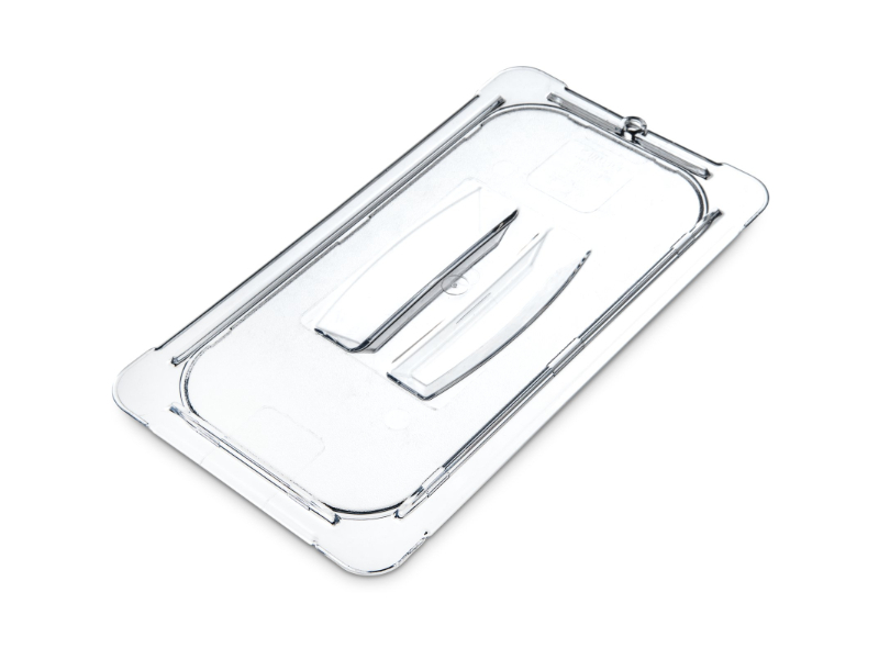 Picture of Carlisle FoodService Products CFS10270U07 0.33 Size StorPlus Polycarbonate Handled Universal Lid - Clear