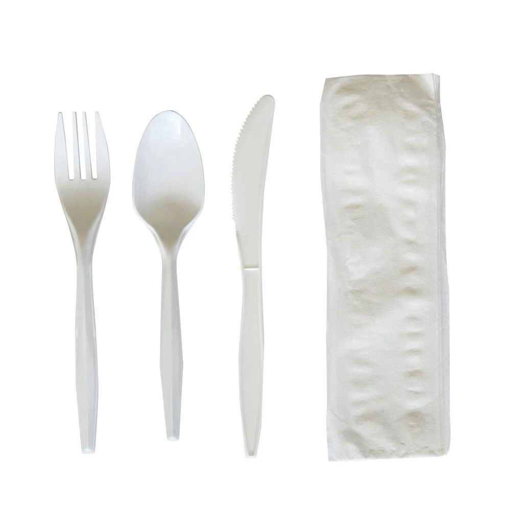 Picture of Boardwalk BWK4COMBOKITPP Cutlery Set with Fork, Knife, Napkin & Spoon - White - 4 Piece