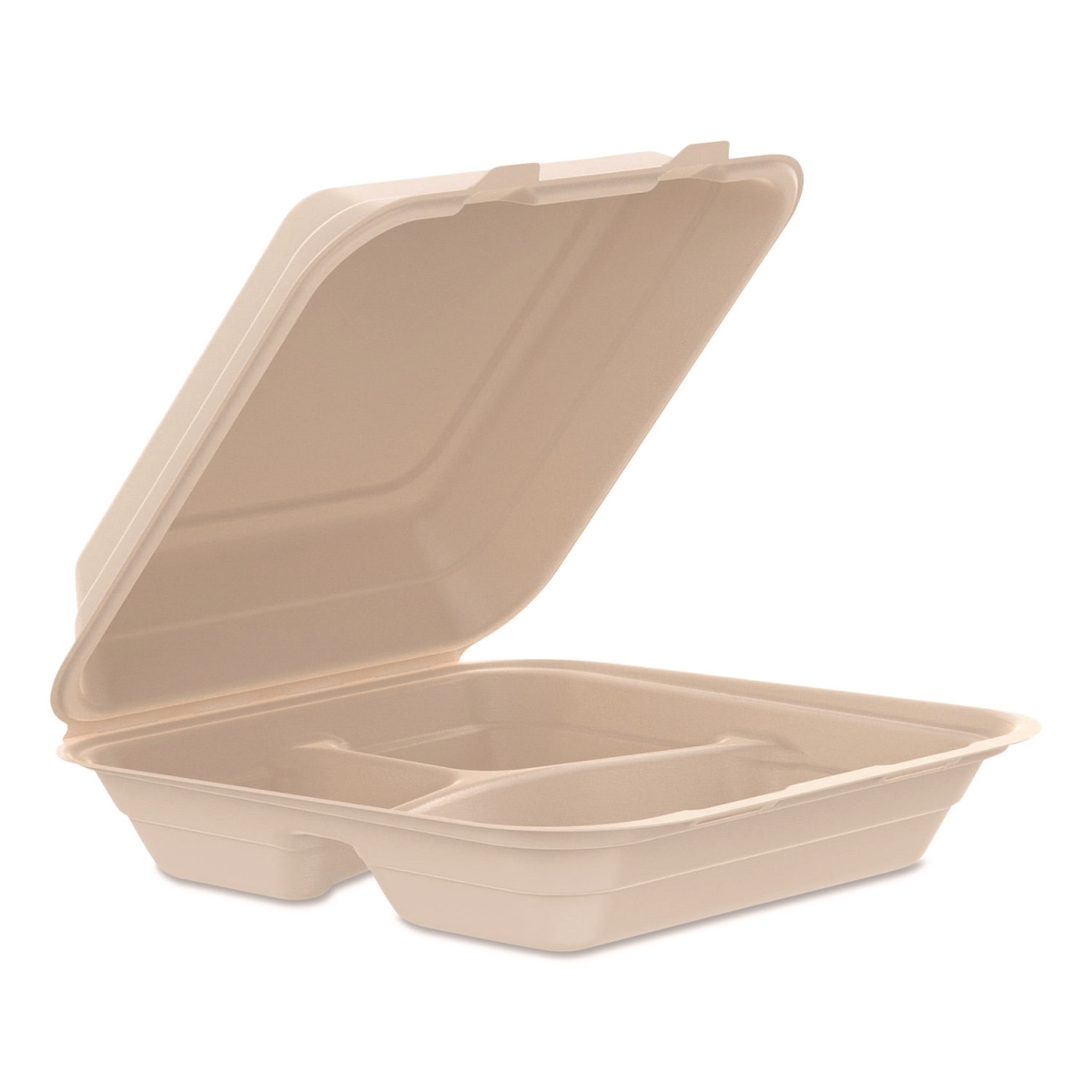 Picture of Dart DCC90FBRHT3 9.14 x 9 x 2.98 in. Compostable Molded Fiber Hinged Trays - ProPlanet Seal - 3 Compartments&#44; Natural
