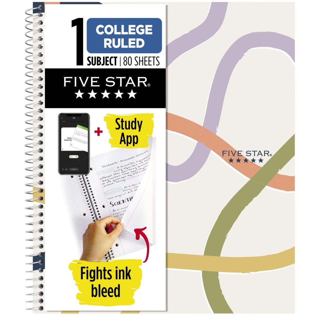 Picture of Five Star MEA820233F 11 x 8.5 in. Simple Waves Organic Lines Notebook with Study App - 1-Subject - Medium & College Rule&#44; Assorted Color - 80 Sheets