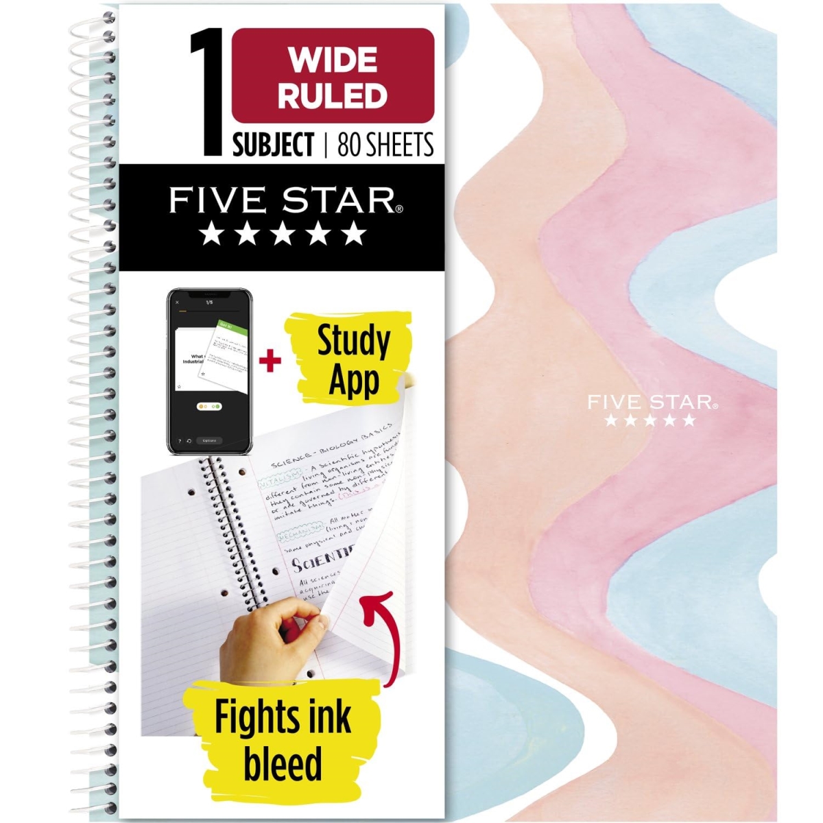 Picture of Five Star MEA930060F 11 x 8.5 in. Brushy Moves Pastel Waves Design Notebook with Study App - 1-Subject - Wide & Legal Rule&#44; Assorted Color - 80 Sheets