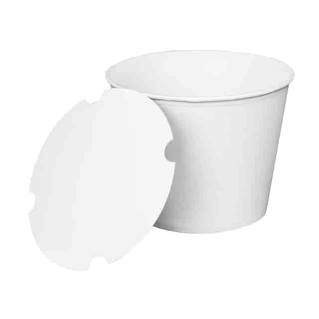 Picture of Karat by Lollicup KRTCFB130WBNDLE 8.46 in. Dia. x 6.6 in. Paper Food Bucket with Lid, White - 130 oz - 150 per Pack