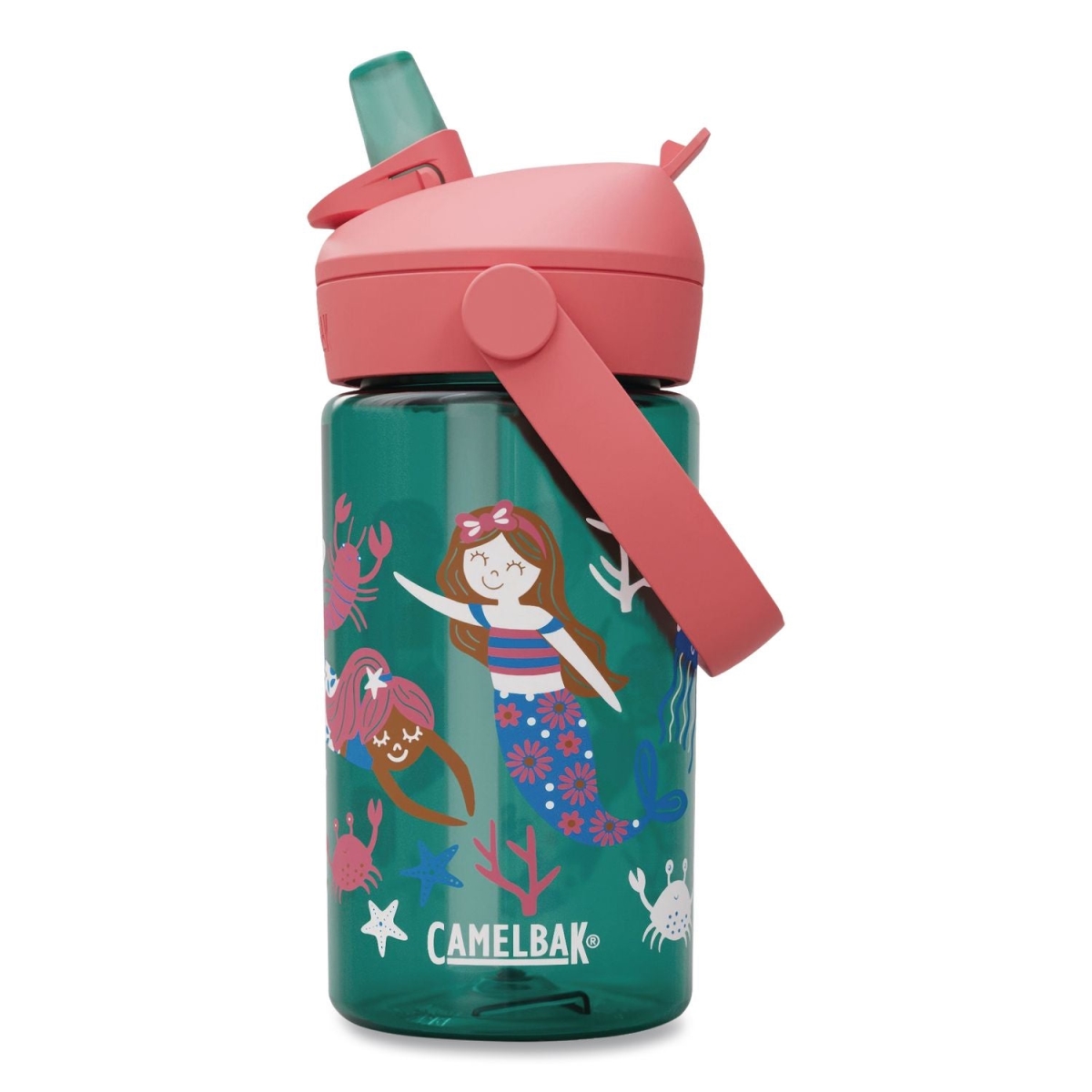 Picture of CamelBak WLB2860305041 14 oz Mermaid Friends Thrive Flip Straw Plastic Water Bottle, Green & Coral