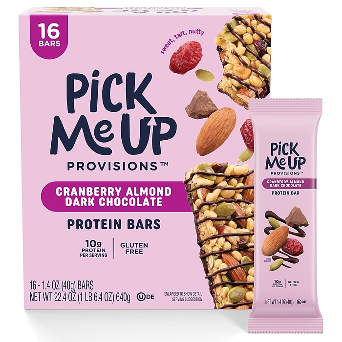 Picture of Pick Me Up Provisions PIEPM63401 Gluten Free Cranberry Almond Dark Chocolate Protein - Box of 16