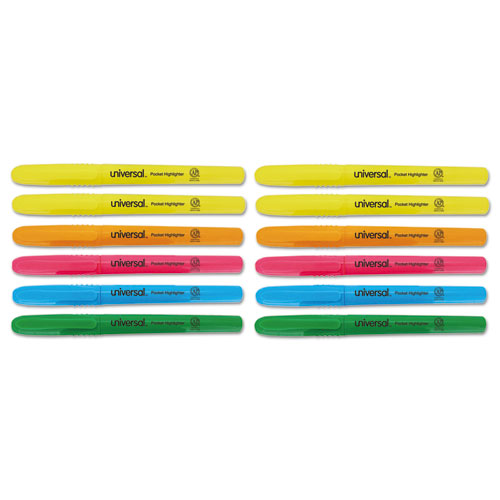 UNV0 Pocket Clip Highlighter, Assorted Colors, 12 per Set