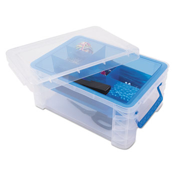Picture of Advantus 37371 10.3 x 14.25 x 6.5 in. Super Stacker Divided Storage Box&#44; Clear with Blue Tray & Handles