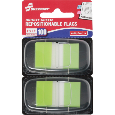7510013991152 SKILCRAFT Page Flags, 1" x 1 3/4", Bright Green, 100/Pack