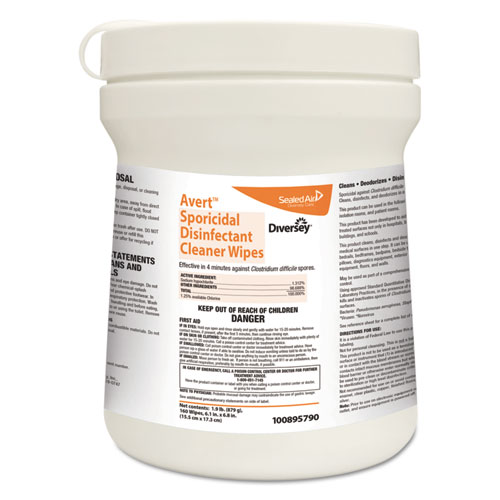 Johnson Diversey DVO100895790 6 x 7 in. Chlorine Avert Sporicidal Disinfectant Cleaner Wipes - 160 per Can - 12 per Case -  JohnsonDiversey, Inc