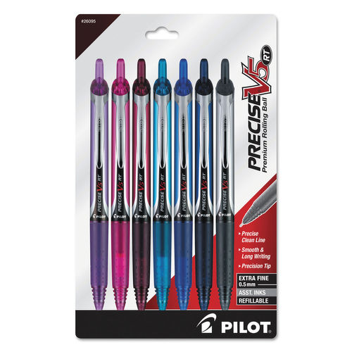 PIL Precise V5RT Retractable Roller Ball Pen, Assorted Color - 7 Per Pack