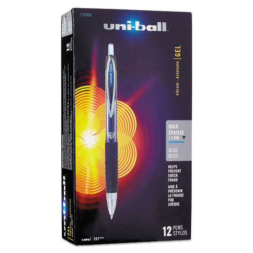 UBC Signo 207 Needle Point Retractable Gel Pen0.7 mm, Blue Ink, Black Barrel, Dozen