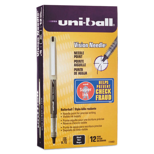 UBC 0.7 mm Fine Black Ink Silver Barrel VISION Needle Stick Roller Ball Pen - 1 Dozen