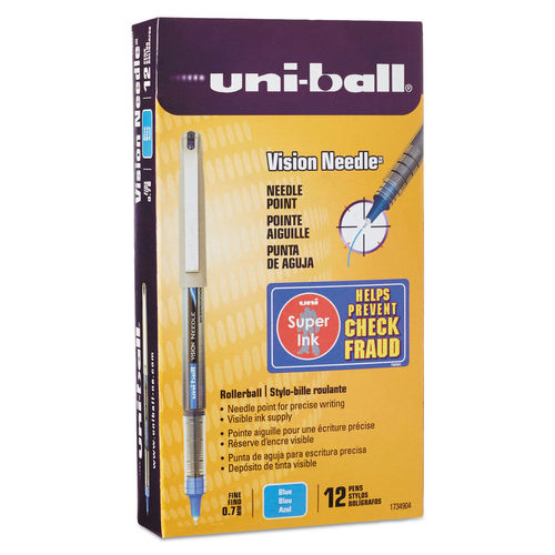 UBC 0.7 mm Fine Blue Ink Silver Barrel VISION Needle Stick Roller Ball Pen - 1 Dozen