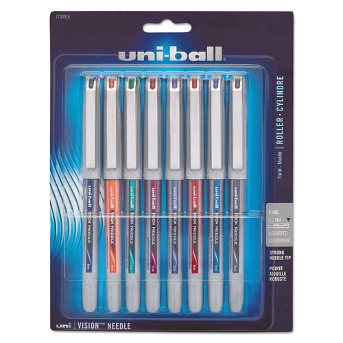 UBC 0.7 mm Fine Assorted Ink Silver Barrel VISION Needle Stick Roller Ball Pen - Set of 8