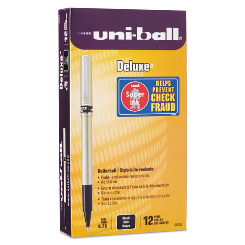 UBC Deluxe Stick Roller Ball Pen - Black Ink Champagne Barrel 0.7mm Fine Point - Pack of 12