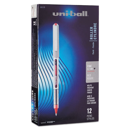 UBC 0.7 mm Micro Red Ink, Gray & Red Barrel VISION Stick Roller Ball Pen - 1 Dozen