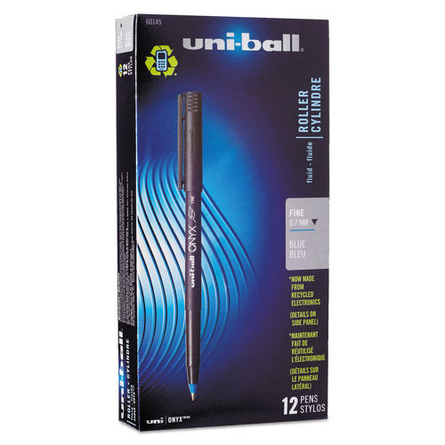 UBC 0.7 mm Fine Blue Ink, Black Matte Barrel ONYX Stick Roller Ball Pen - 1 Dozen