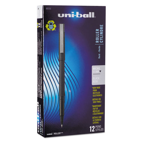 UBC 0.5 mm Micro Black Ink, Black Matte Barrel Stick Roller Ball Pen - 1 Dozen
