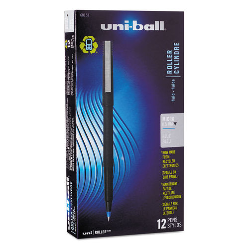 UBC 0.5 mm Micro Blue Ink, Black Matte Barrel Stick Roller Ball Pen - 1 Dozen