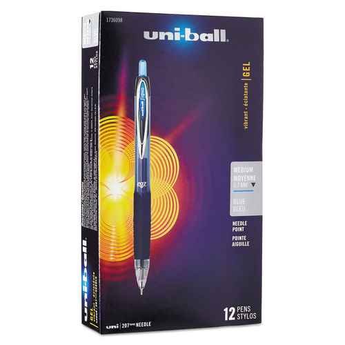 UBC Signo 207 Needle Point Retractable Gel Pen0.7 mm, Blue Ink, Black Barrel, Dozen