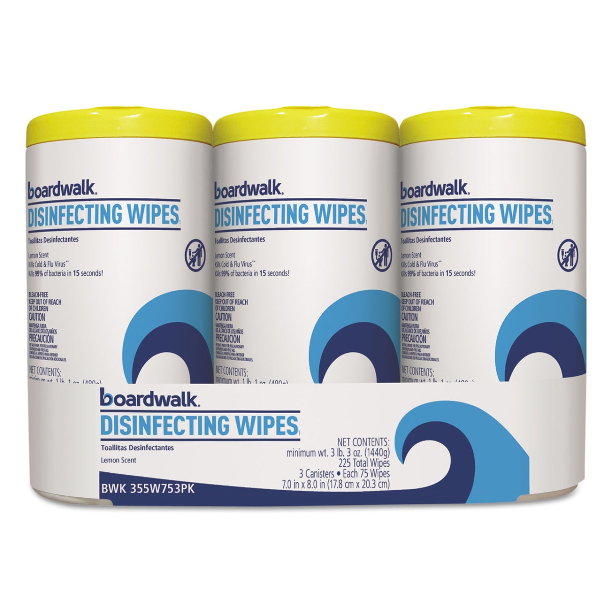 Picture of Boardwalk BWK455W753CT Disinfecting Wipes&#44; Lemon Scent - Pack of 3 Canisters - Pack of 4