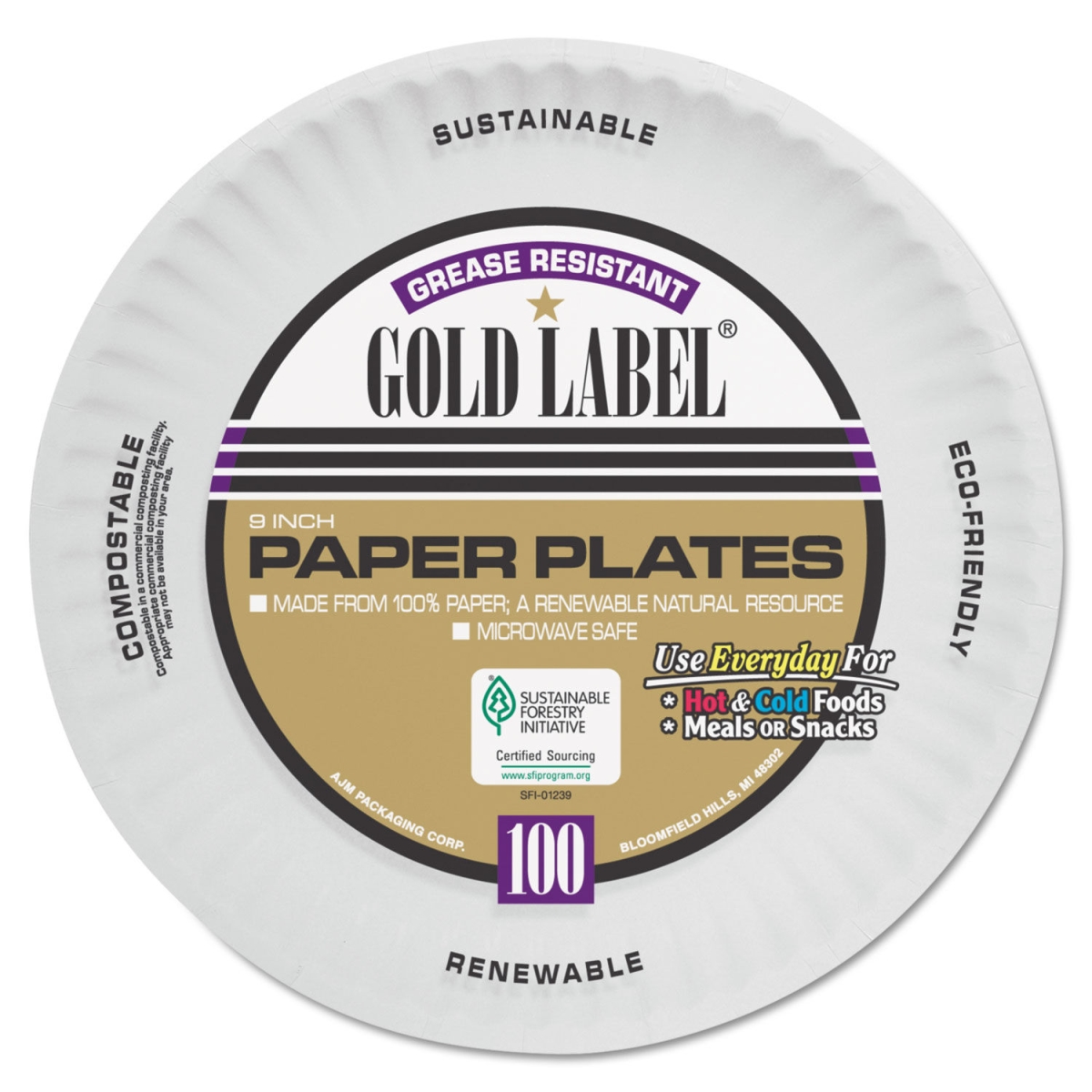 Picture of AJM Packaging AJMCP9GOAWH 9 in. Coated Paper Plates&#44; White - 100 Per Pack - 12 Count
