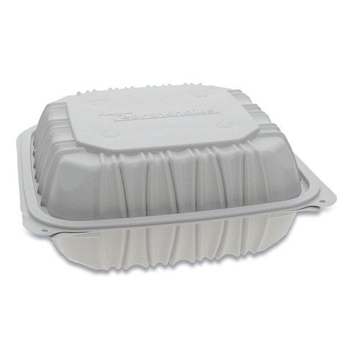 Picture of Pactiv YCNW0853 Vented Microwavable Hinged-Lid Takeout Container - 8.5 x 8.5 x 3.1 - 3-Compartment - White
