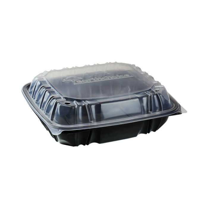 Picture of Pactiv DC109100B000 Vented Microwavable Takeout Container - Black - 10.5 x 9.5 in.