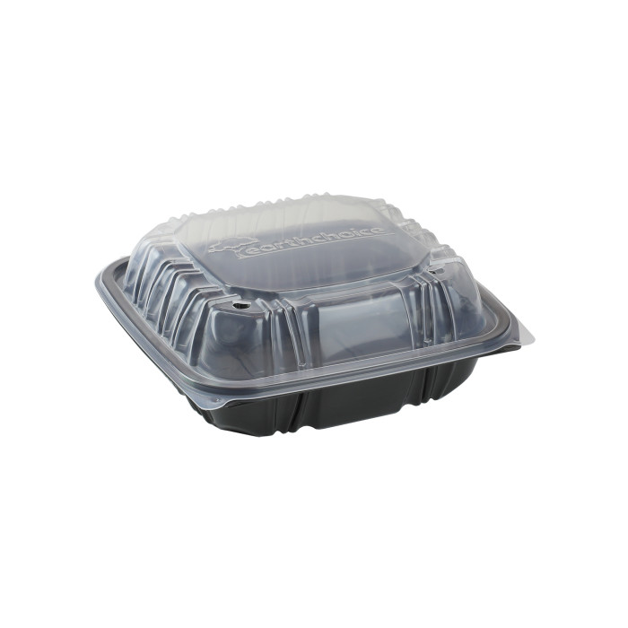 Picture of Pactiv DC757100B000 Hinged-Lid Takeout Container - Black - 7.5 x 7.5 in.