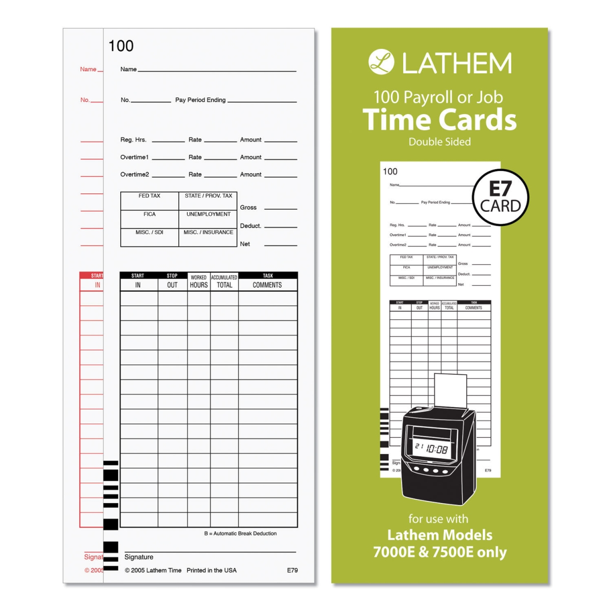 Picture of Lathem Time E79-100 3.38 x 8.78 in. Time Clock Cards for Lathem Time 7000E-7500E Two Sides