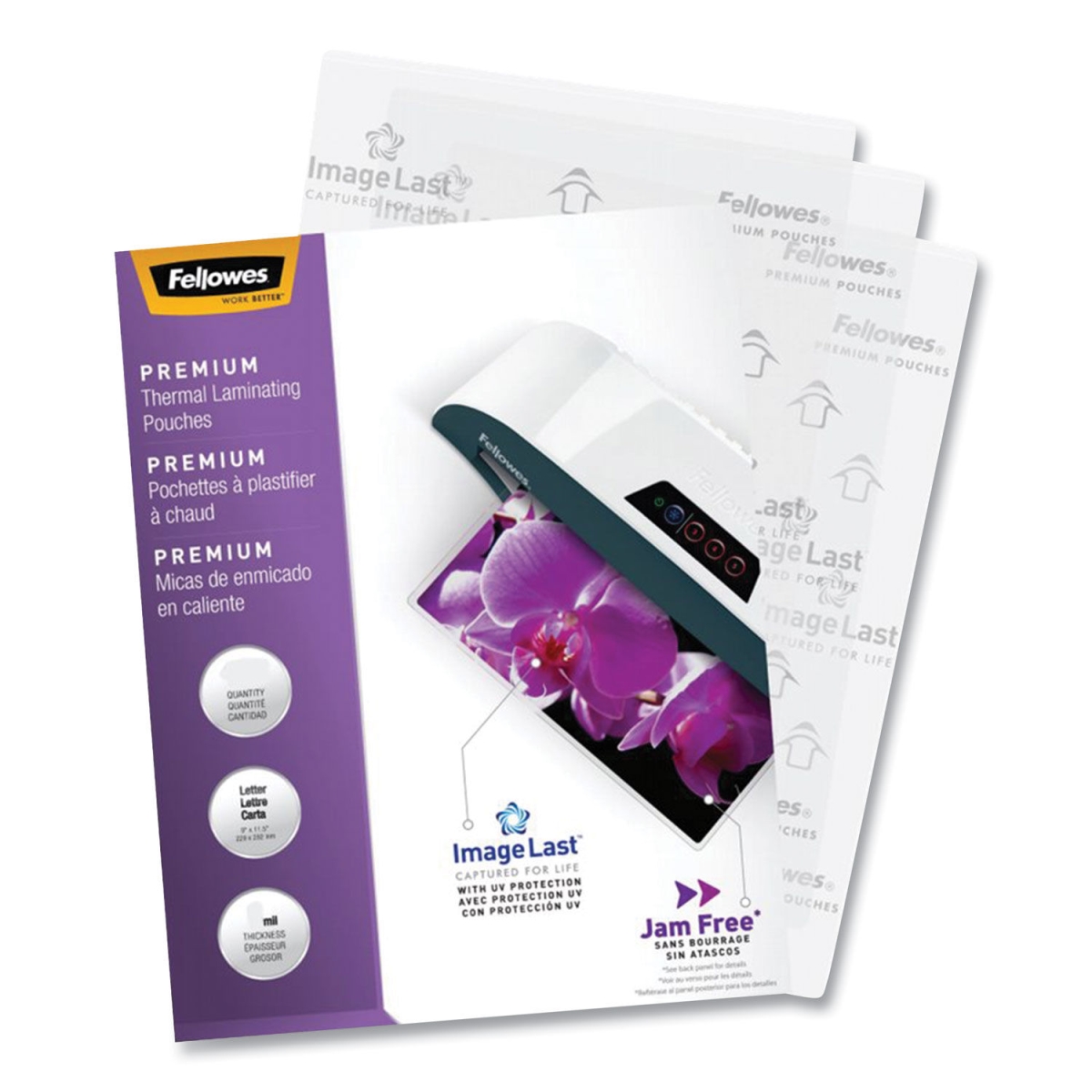 Picture of Fellowes 5288001 9 x 11.5 in. 5 Mil Image Last Laminating Pouches with UV Protection&#44; Gloss Clear - Pack of 60
