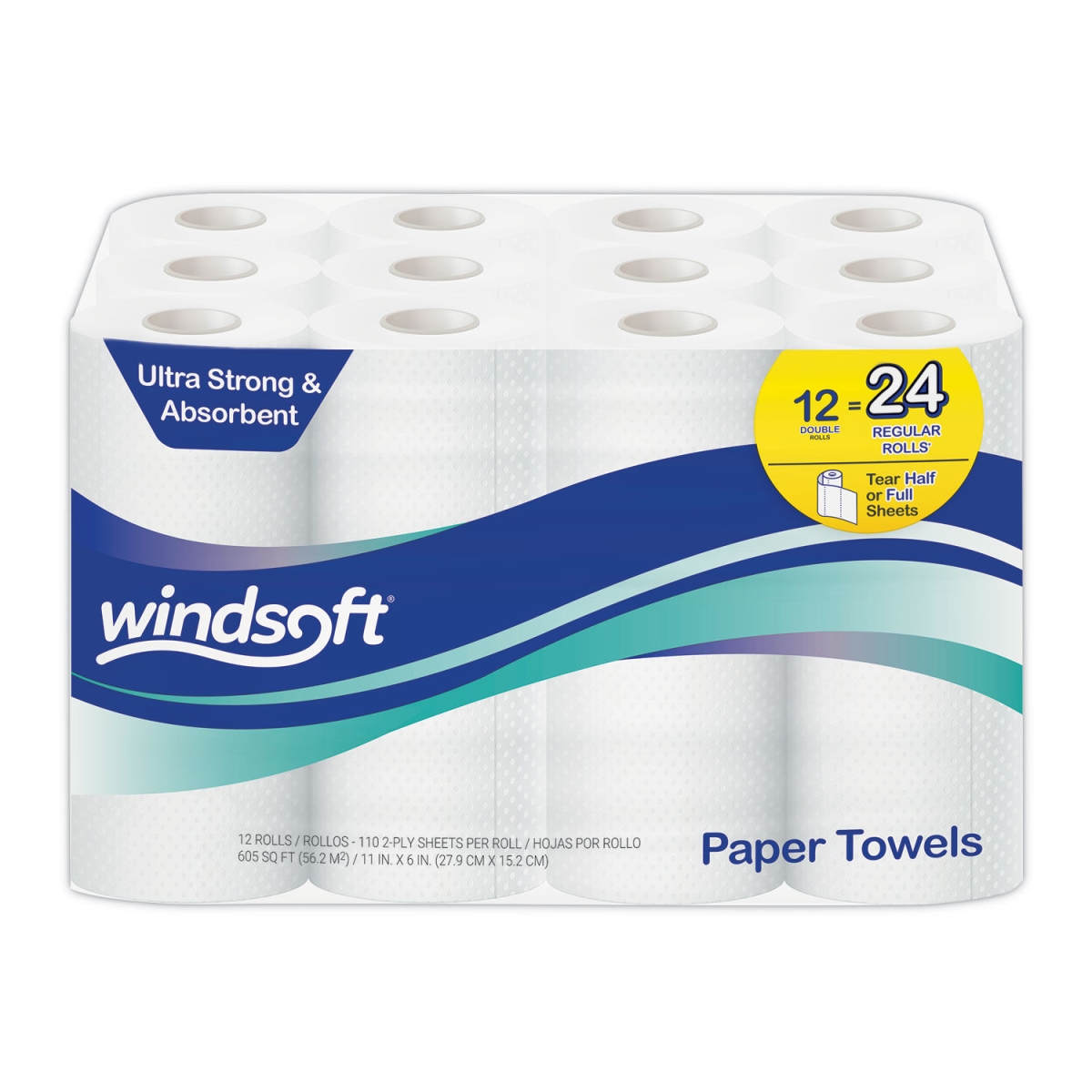 418231 11 x 6 in. 2 Ply Premium Kitchen Roll Towels, White - 12 Rolls per Case -  Windsoft