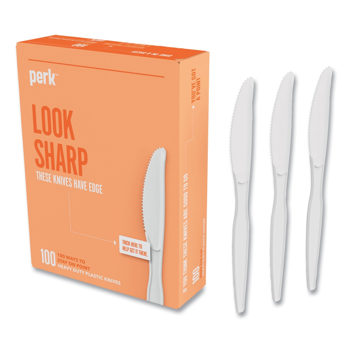 Picture of Perk PRK24390996 Heavyweight Plastic Cutlery Knives&#44; White - Pack of 100