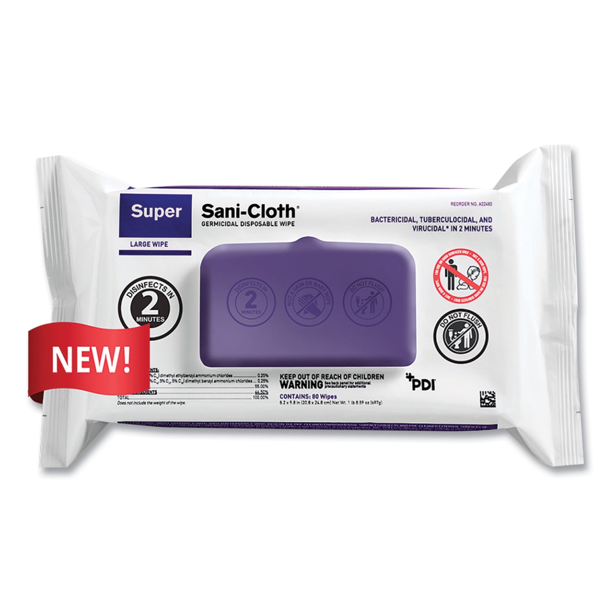 Super Sani-cloth Germicidal Disposable Wipes - Large - Unscented - White - Pack of 80
