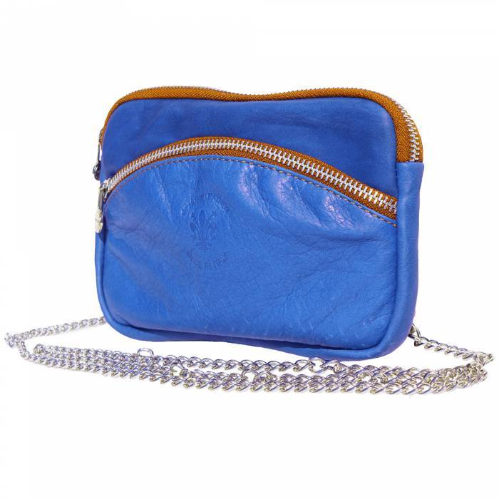 Picture of Italian Artisan 247-B335-ElectricBlueTan Womens Small Leather Purse with Silver Chain Strap&#44; Electric Blue & Tan