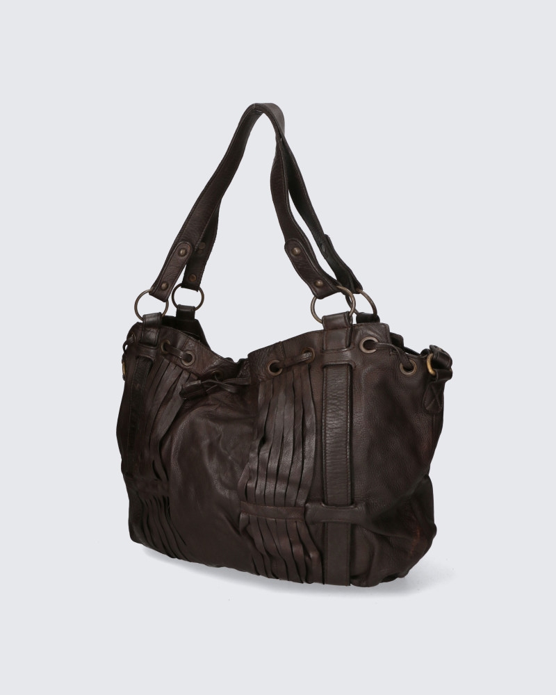 695-68007-DarkBrown  Womens Handmade Shopper Handbag In Genuine Washed Calf Leather with Aged Effect Made In Italy -  Italian Artisan