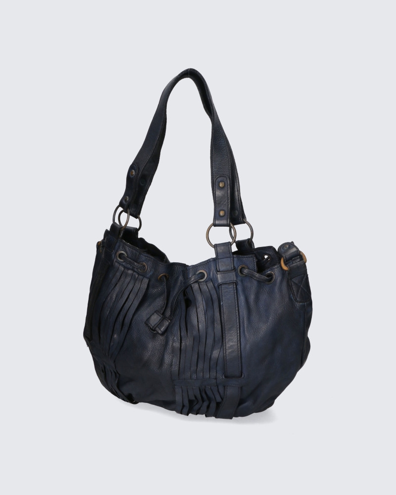 695-68007-DarkBlue  Womens Handmade Shopper Handbag In Genuine Washed Calf Leather with Aged Effect Made In Italy -  Italian Artisan