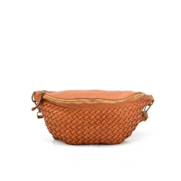 Picture of Italian Artisan 132MWPFM231-Cognac Unisex Handcrafted Fanny Pack Belt Bag with Medium Braided Front Pattern, Cognac - Small