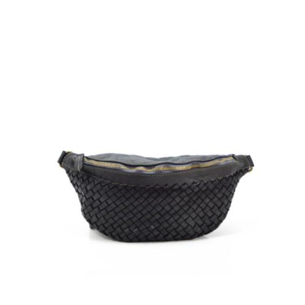 Picture of Italian Artisan 132MWPFM231-Black Unisex Handcrafted Fanny Pack Belt Bag with Medium Braided Front Pattern, Black - Small