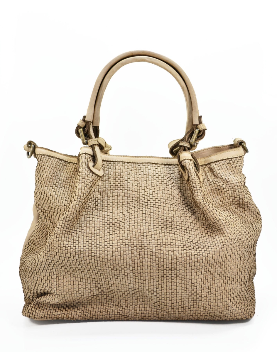 23WH129-LIGHTTAUPE Womens Handcrafted Leather Vintage Woven Tote Shopper Handbag, Light Taupe - Large -  Italian Artisan