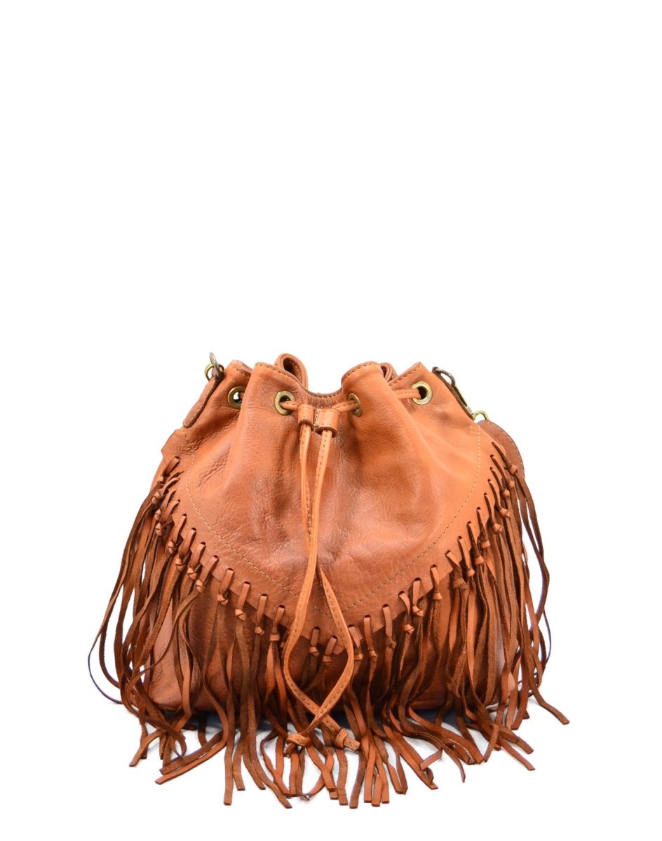 Womens Handcrafted Vintage Washed Fringe Bucket Handbags in Genuine Washed Calfskin Leather, Cognac - Small -  Fusiones, FU3751569