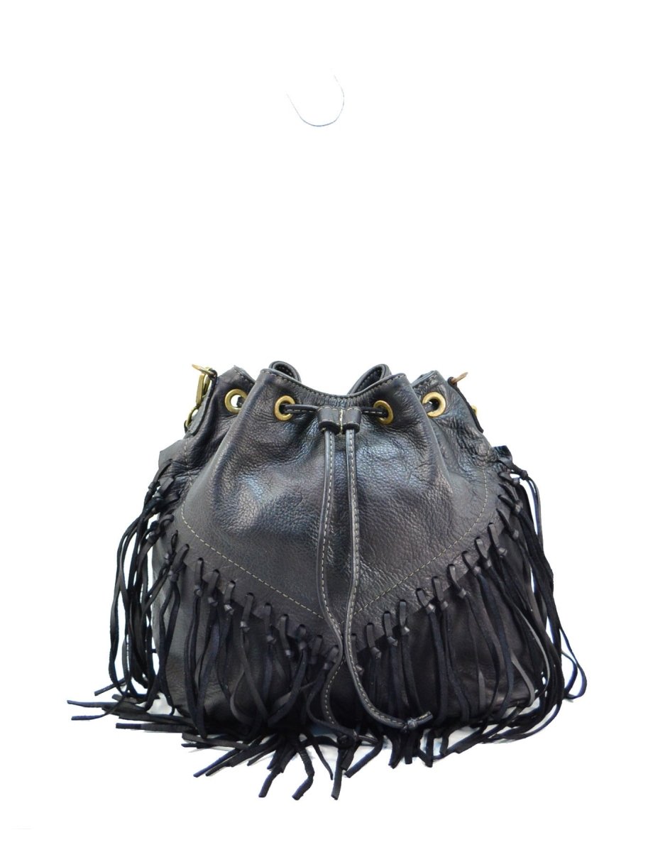 Womens Handcrafted Vintage Washed Fringe Bucket Handbags in Genuine Washed Calfskin Leather, Black - Small -  Fusiones, FU3747545