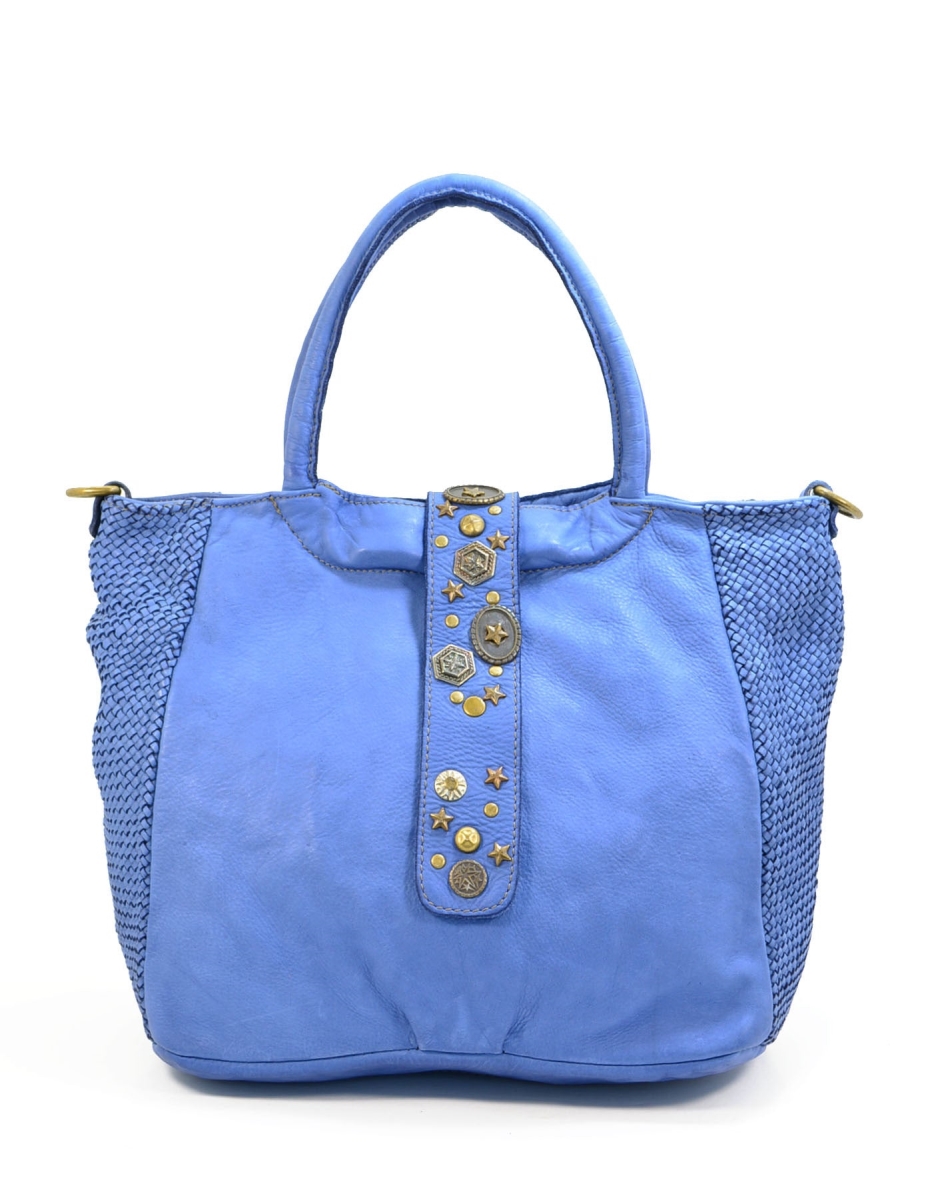 WPF-VWB-H038-BlueJeans Womens Handcrafted Vintage Double Handle Handbag with Studded Flap in Genuine Washed Calfskin Leather, Blue Jeans - Medium -  Italian Artisan