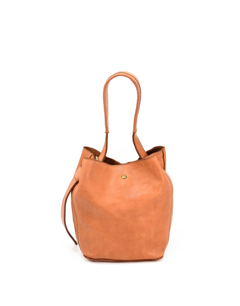 Womens Handcrafted Vintage Bucket Handbag in Genuine Washed Calfskin Leather, Cognac - Small -  Fusiones, FU3759900